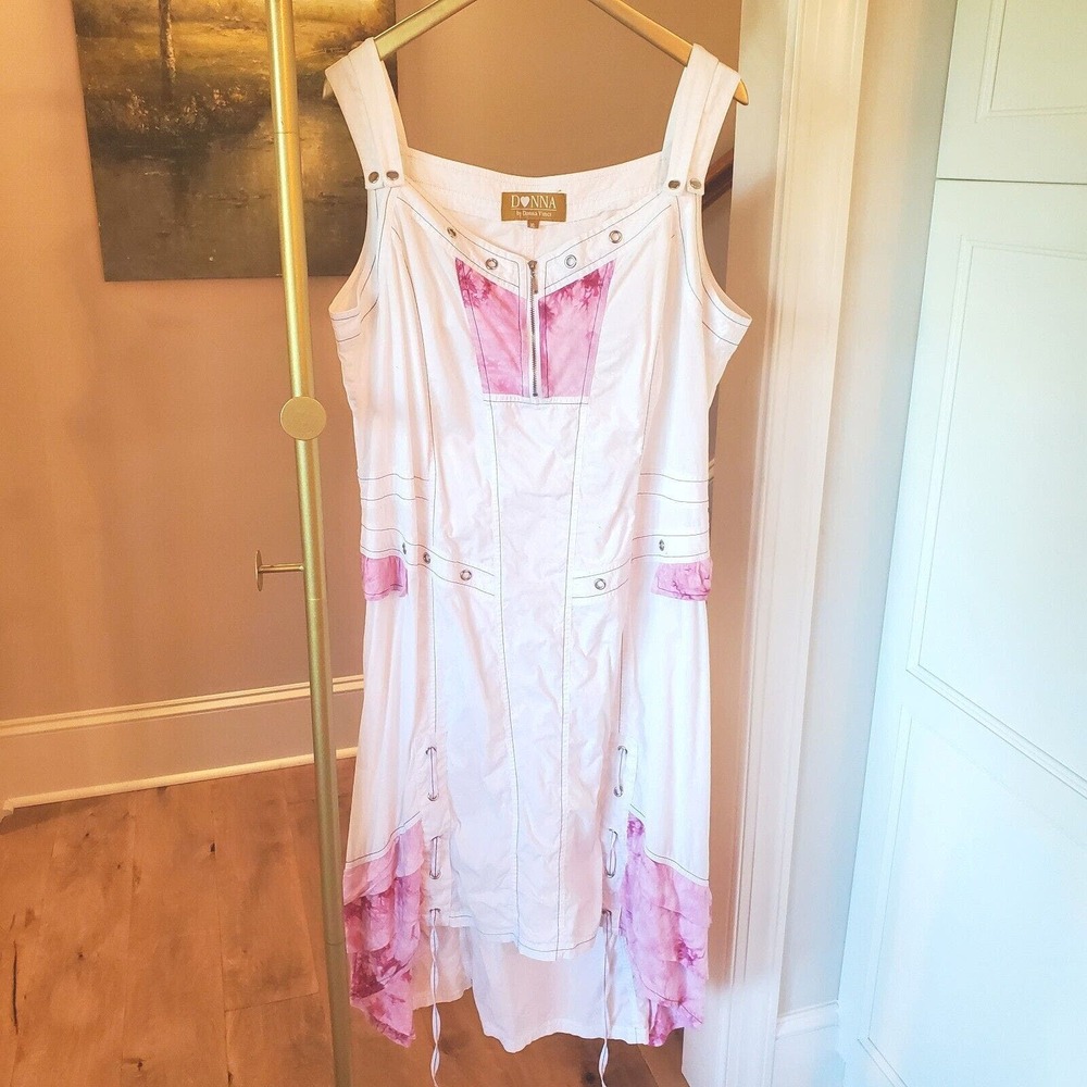By Donna Vinci size XL Overall A-line Midi Cotton Dress White Pink Grommets Y2K